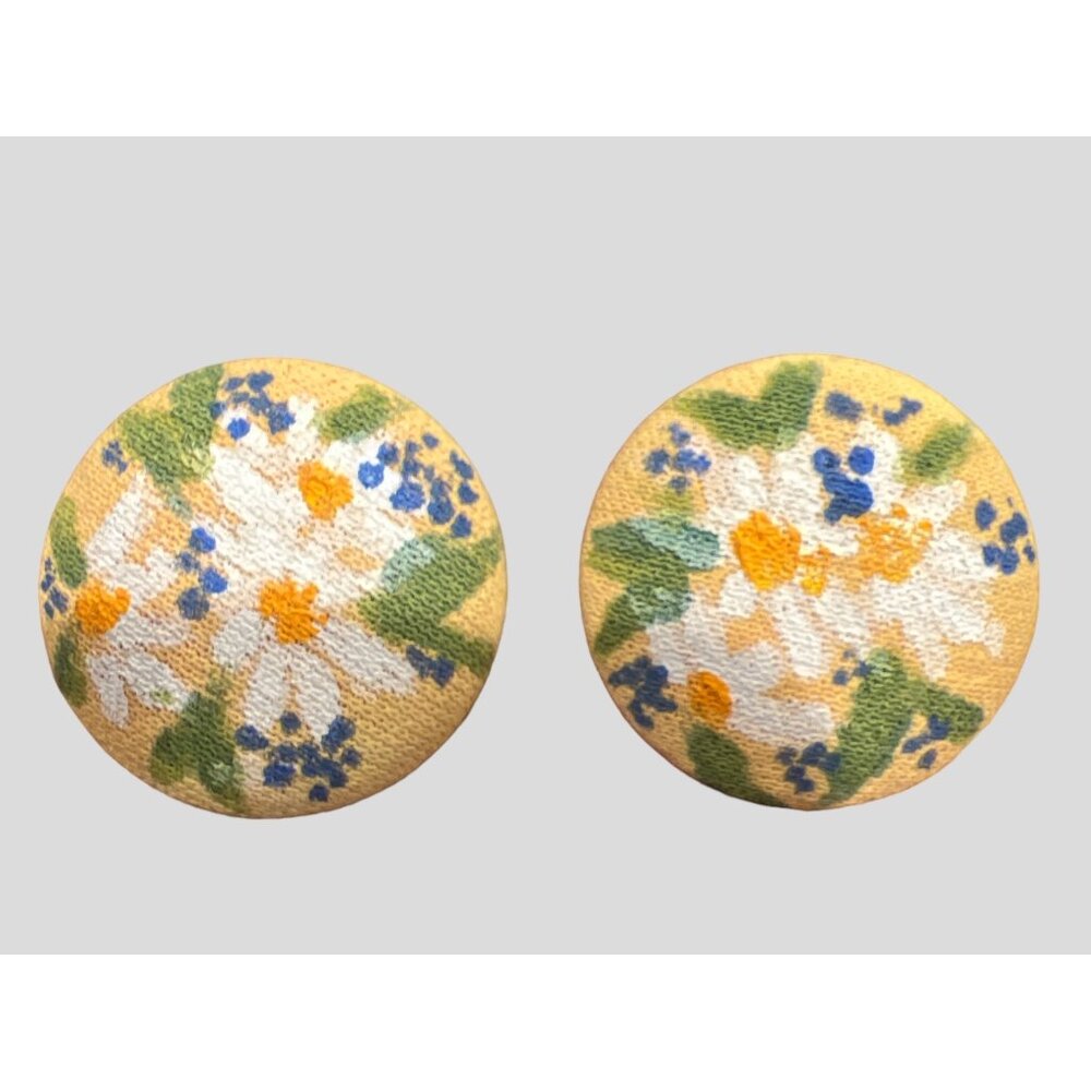 Vintage Round Cream Fabric Hand Painted Flowers Clip On Earrings Cottagecore